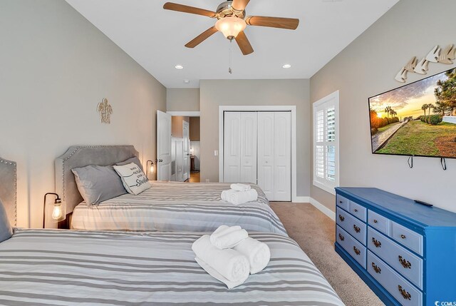 613 Lee Ave, Murrells Inlet, SC 29576 - carpeted bedroom featuring a closet, baseboards, ceiling fan, and recessed lighting