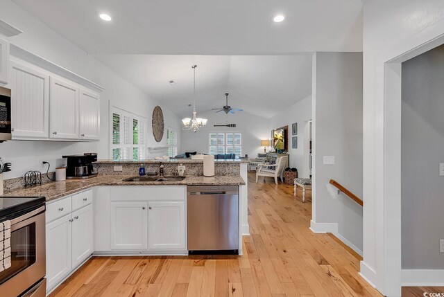 613 Lee Ave, Murrells Inlet, SC 29576 - kitchen featuring stainless steel appliances, a peninsula, open floor plan, white cabinets, and a sink