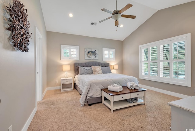 613 Lee Ave, Murrells Inlet, SC 29576 - bedroom with lofted ceiling, light carpet, recessed lighting, baseboards, and ceiling fan