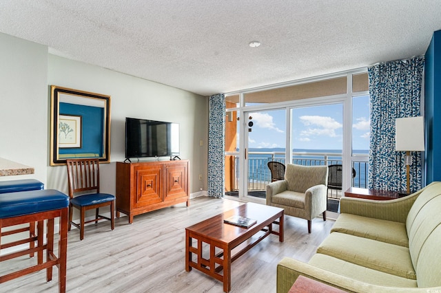 living room with a textured ceiling, light hardwood / wood-style flooring, and a wall of windows