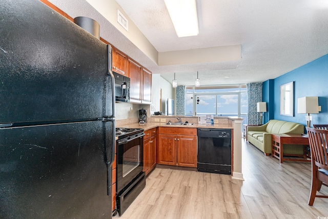 kitchen with kitchen peninsula, sink, light hardwood / wood-style flooring, and black appliances