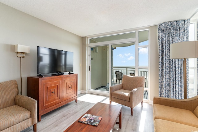 living room featuring a textured ceiling, light hardwood / wood-style floors, and floor to ceiling windows