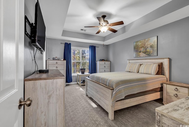 carpeted bedroom featuring a raised ceiling and ceiling fan