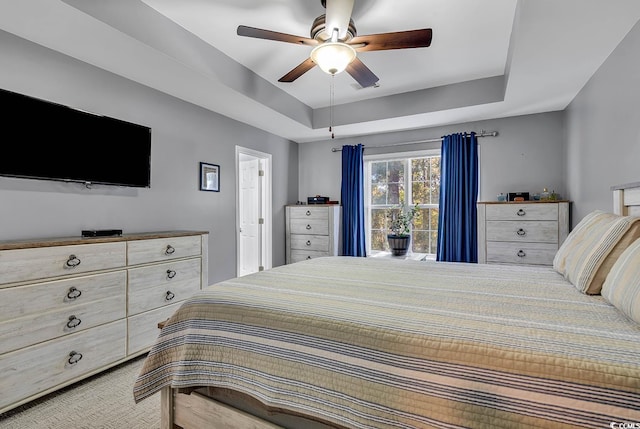 bedroom featuring a tray ceiling and ceiling fan