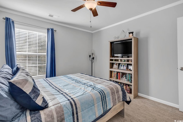 bedroom featuring ceiling fan, light colored carpet, and ornamental molding