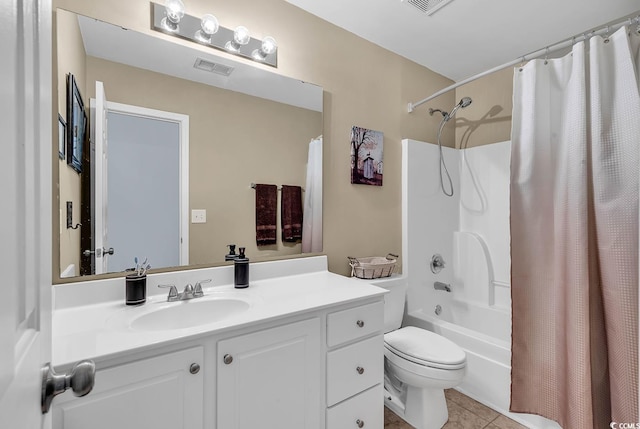 full bathroom with shower / bathtub combination with curtain, tile patterned floors, vanity, and toilet