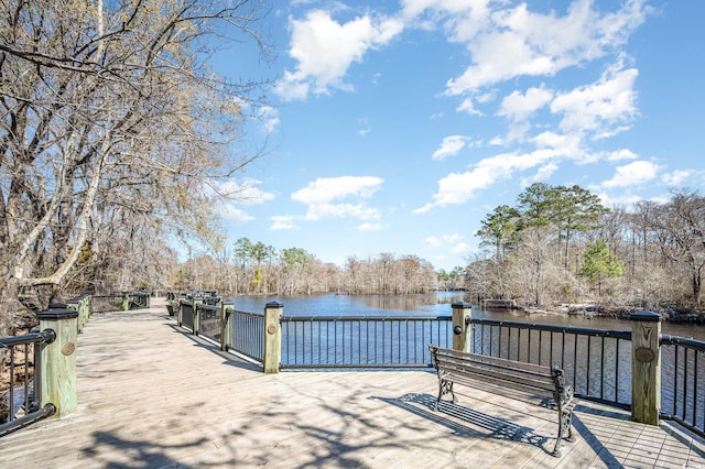 deck featuring a water view