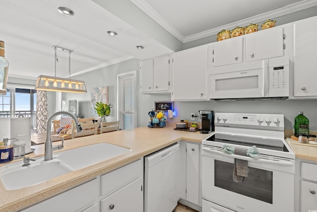 kitchen with white appliances, crown molding, sink, white cabinetry, and hanging light fixtures