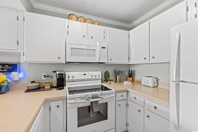 kitchen with white cabinets, white appliances, and crown molding