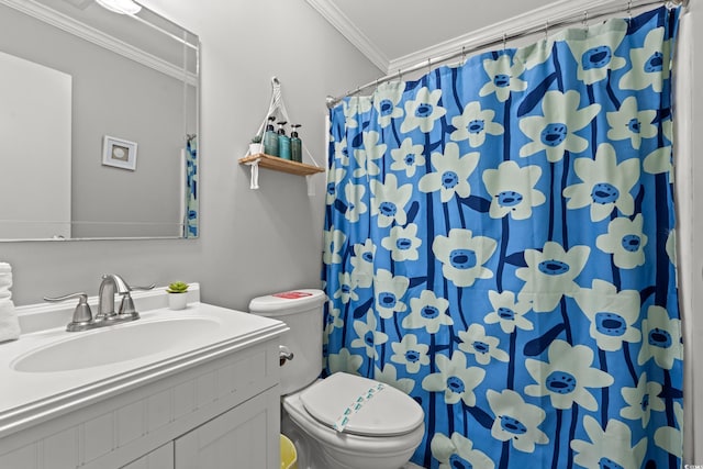 bathroom featuring vanity, toilet, walk in shower, and ornamental molding