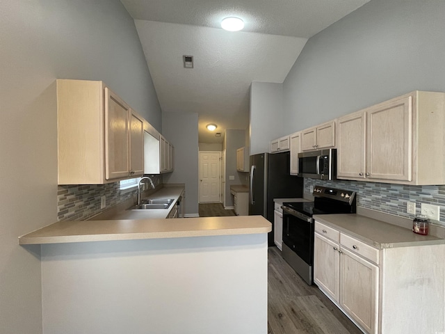 kitchen featuring vaulted ceiling, kitchen peninsula, decorative backsplash, sink, and stainless steel appliances