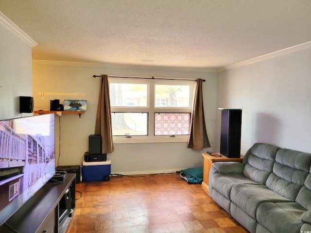 living room with crown molding and a textured ceiling