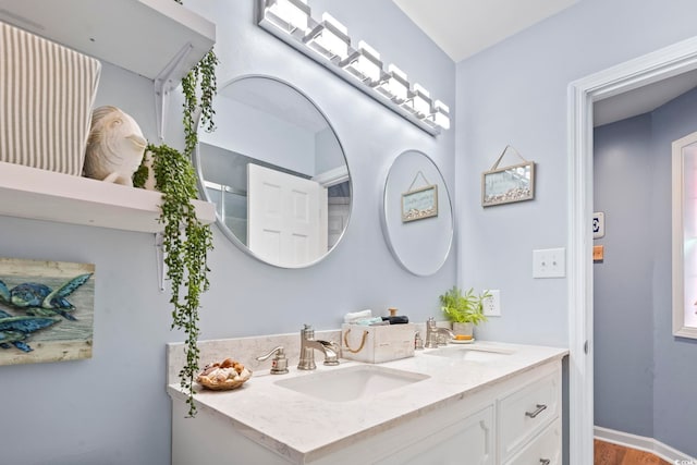 bathroom featuring hardwood / wood-style floors and vanity