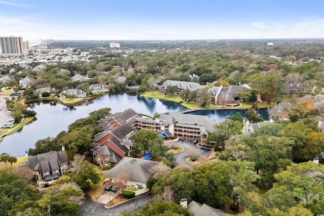 drone / aerial view featuring a water view