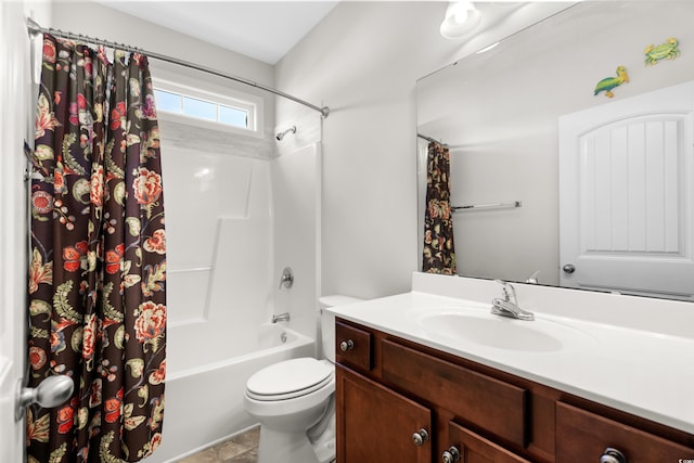 full bathroom featuring vanity, toilet, and shower / tub combo with curtain