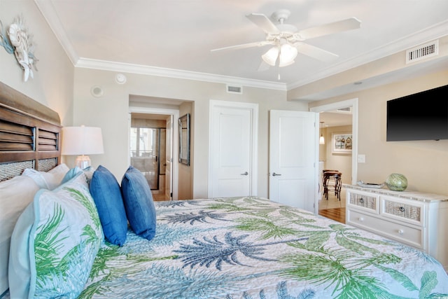 603 S Ocean Blvd Unit 1002, North Myrtle Beach, SC 29582 - bedroom with crown molding and a ceiling fan