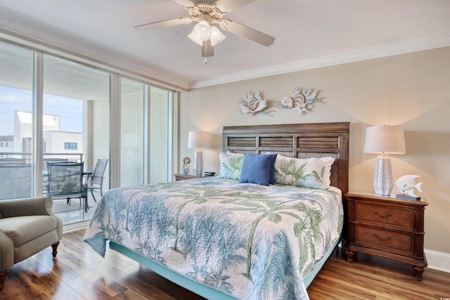 603 S Ocean Blvd Unit 1002, North Myrtle Beach, SC 29582 - bedroom with wood finished floors, access to outside, crown molding, and ceiling fan