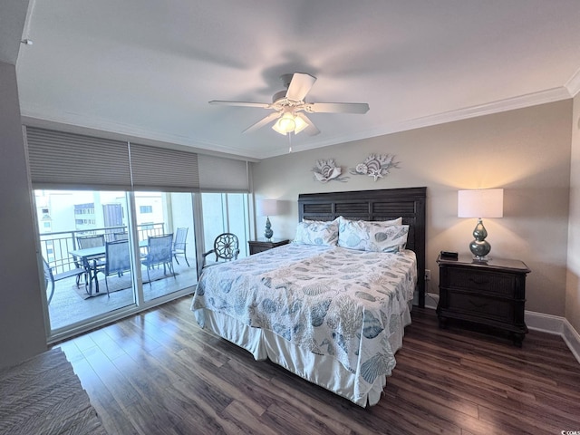 bedroom featuring ceiling fan, crown molding, dark wood-type flooring, and access to outside