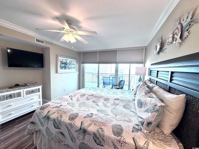 bedroom featuring ceiling fan, crown molding, and dark wood-type flooring