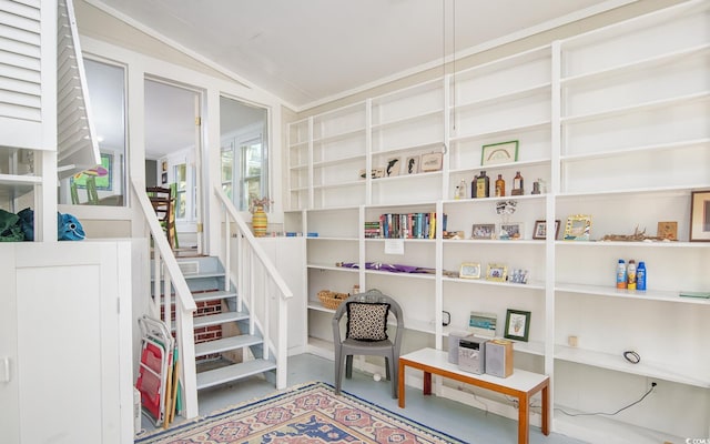 living area featuring lofted ceiling and concrete flooring