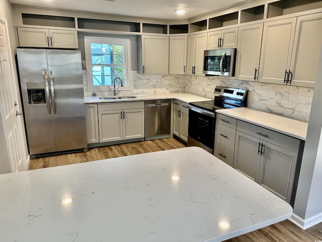 kitchen featuring backsplash, sink, stainless steel appliances, and light hardwood / wood-style floors