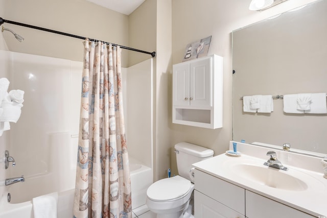 full bathroom featuring vanity, toilet, and shower / bathtub combination with curtain