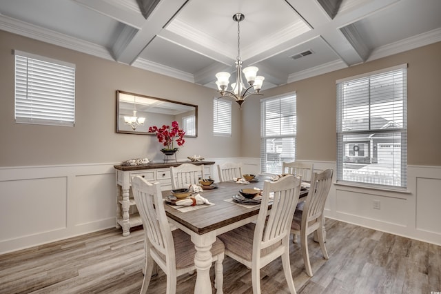 2023 Singing Palm Loop, Little River, SC 29566 - dining area featuring a decorative wall, coffered ceiling, a chandelier, light wood-style floors, and wainscoting