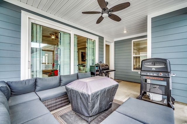 exterior space with ceiling fan, grilling area, and an outdoor hangout area