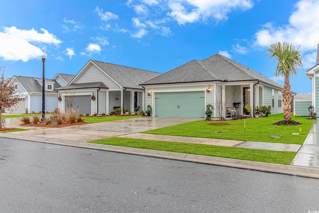 view of front of house with a garage, concrete driveway, a front lawn, and a shingled roof