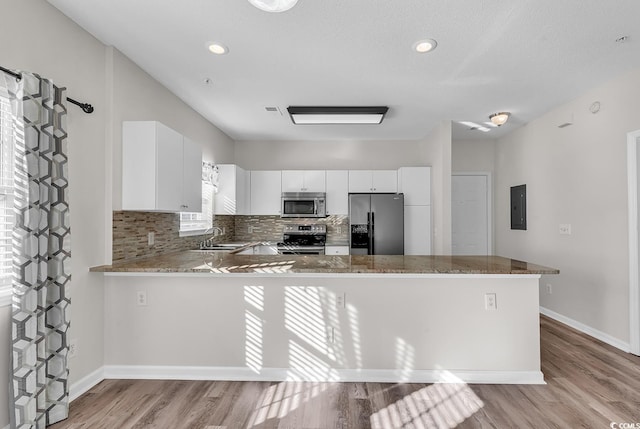 kitchen featuring stainless steel appliances, white cabinetry, electric panel, and kitchen peninsula