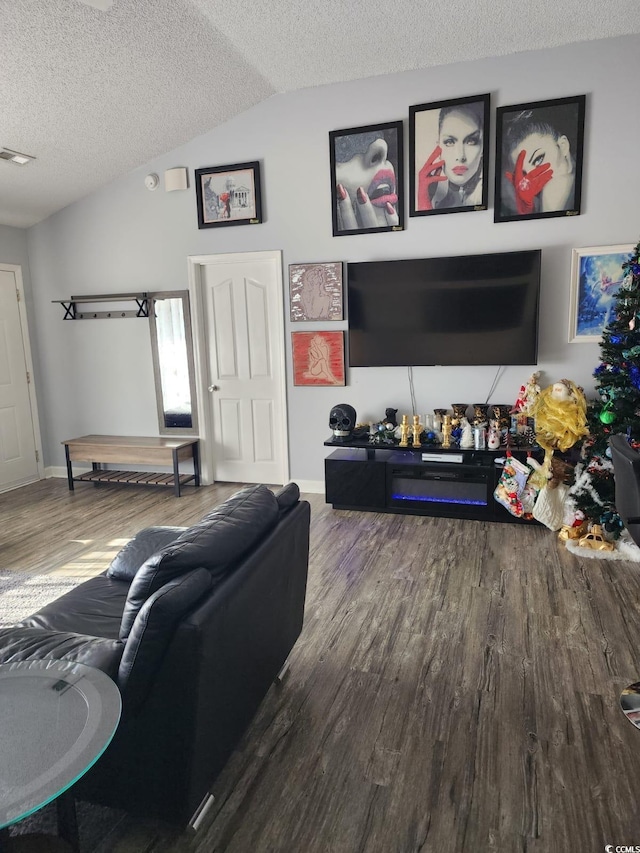 living room featuring wood-type flooring, a textured ceiling, and vaulted ceiling