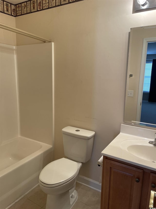 full bathroom featuring bathing tub / shower combination, tile patterned flooring, vanity, and toilet