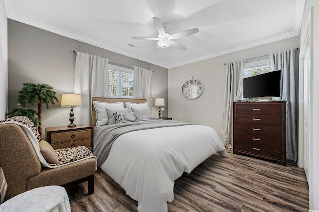 bedroom with multiple windows, ceiling fan, crown molding, and dark wood-type flooring