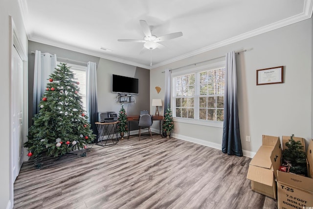 living area featuring ceiling fan, a healthy amount of sunlight, and light hardwood / wood-style flooring