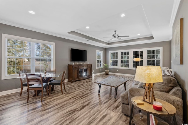 living room featuring hardwood / wood-style floors, a tray ceiling, ceiling fan, and ornamental molding