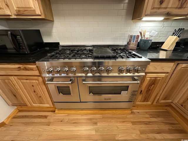 kitchen with decorative backsplash, light hardwood / wood-style floors, range with two ovens, and dark stone countertops