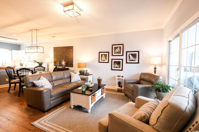 living room featuring dark wood-type flooring and a textured ceiling