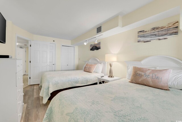 bedroom with multiple closets, track lighting, and hardwood / wood-style floors