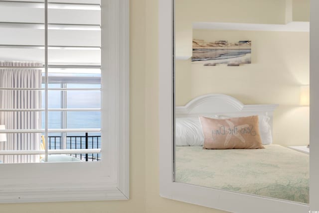 bedroom featuring a water view