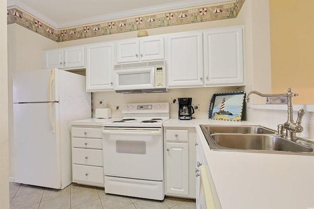 4240 Coquina Harbour Dr Unit E-4, Little River, SC 29566 - kitchen with white cabinets, crown molding, white appliances, a sink, and light tile patterned floors