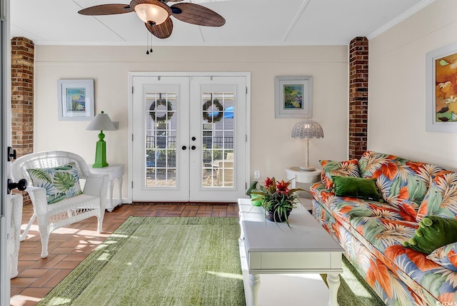 living room featuring french doors and ceiling fan