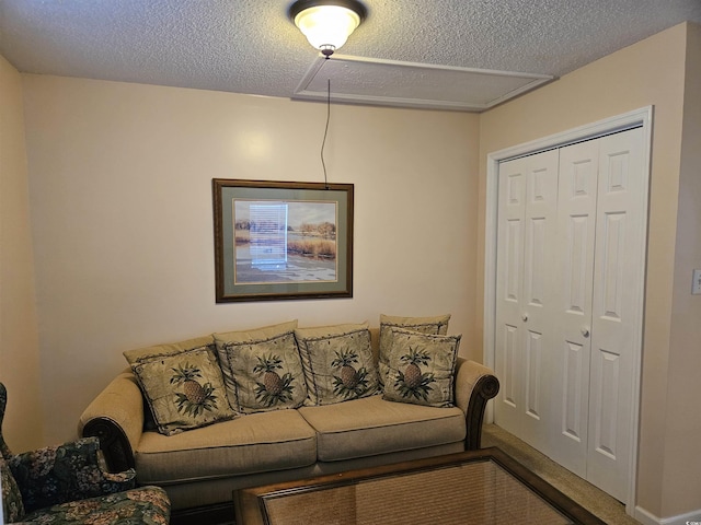 living room featuring carpet flooring and a textured ceiling