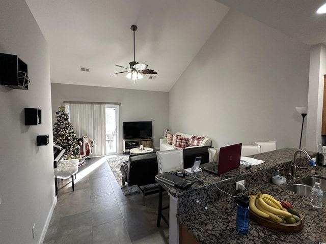 interior space with ceiling fan, lofted ceiling, and sink