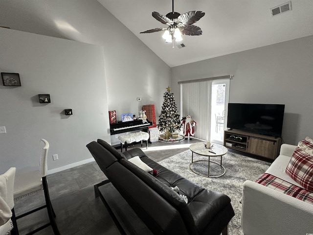 living room featuring ceiling fan and high vaulted ceiling