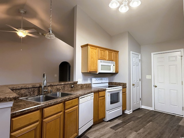 kitchen with white appliances, ceiling fan, sink, high vaulted ceiling, and dark hardwood / wood-style floors