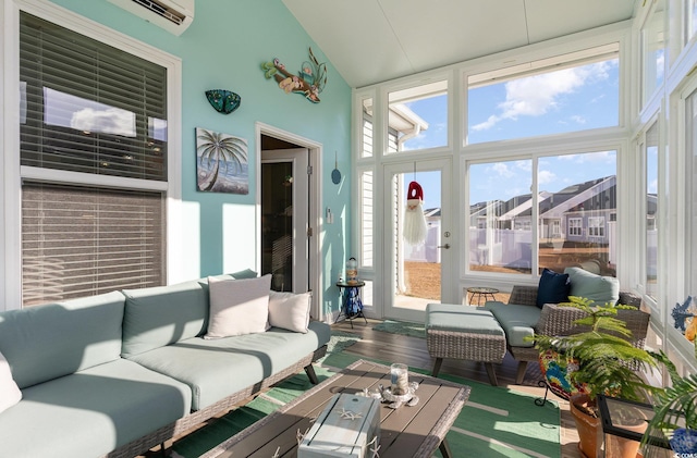 5037 Sassari St, Myrtle Beach, SC 29579 - sunroom featuring high vaulted ceiling, wood finished floors, and a wall mounted air conditioner