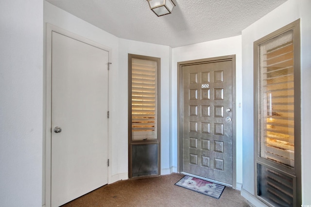 foyer featuring carpet floors and a textured ceiling