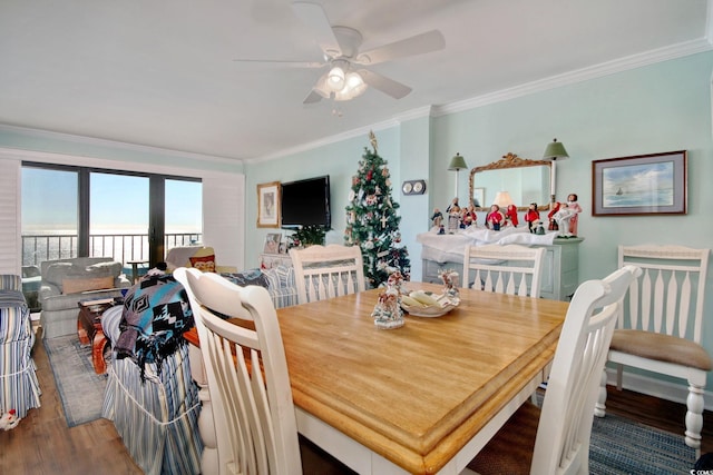 dining area featuring ceiling fan, hardwood / wood-style floors, and ornamental molding