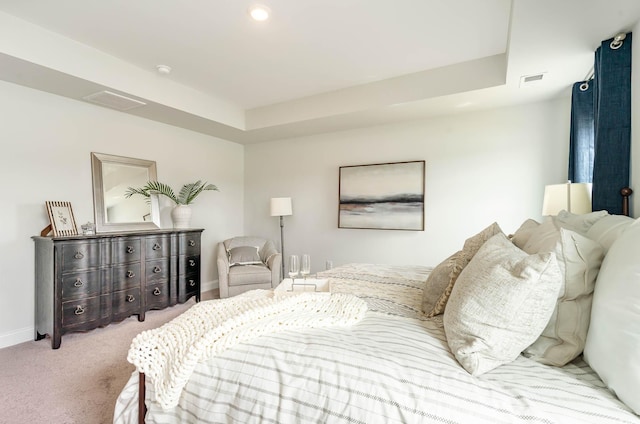 bedroom featuring a raised ceiling and light carpet