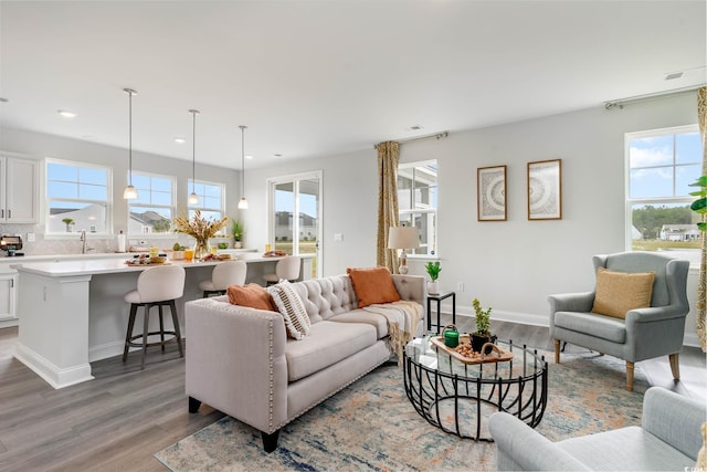 living room with plenty of natural light, light wood-type flooring, and sink